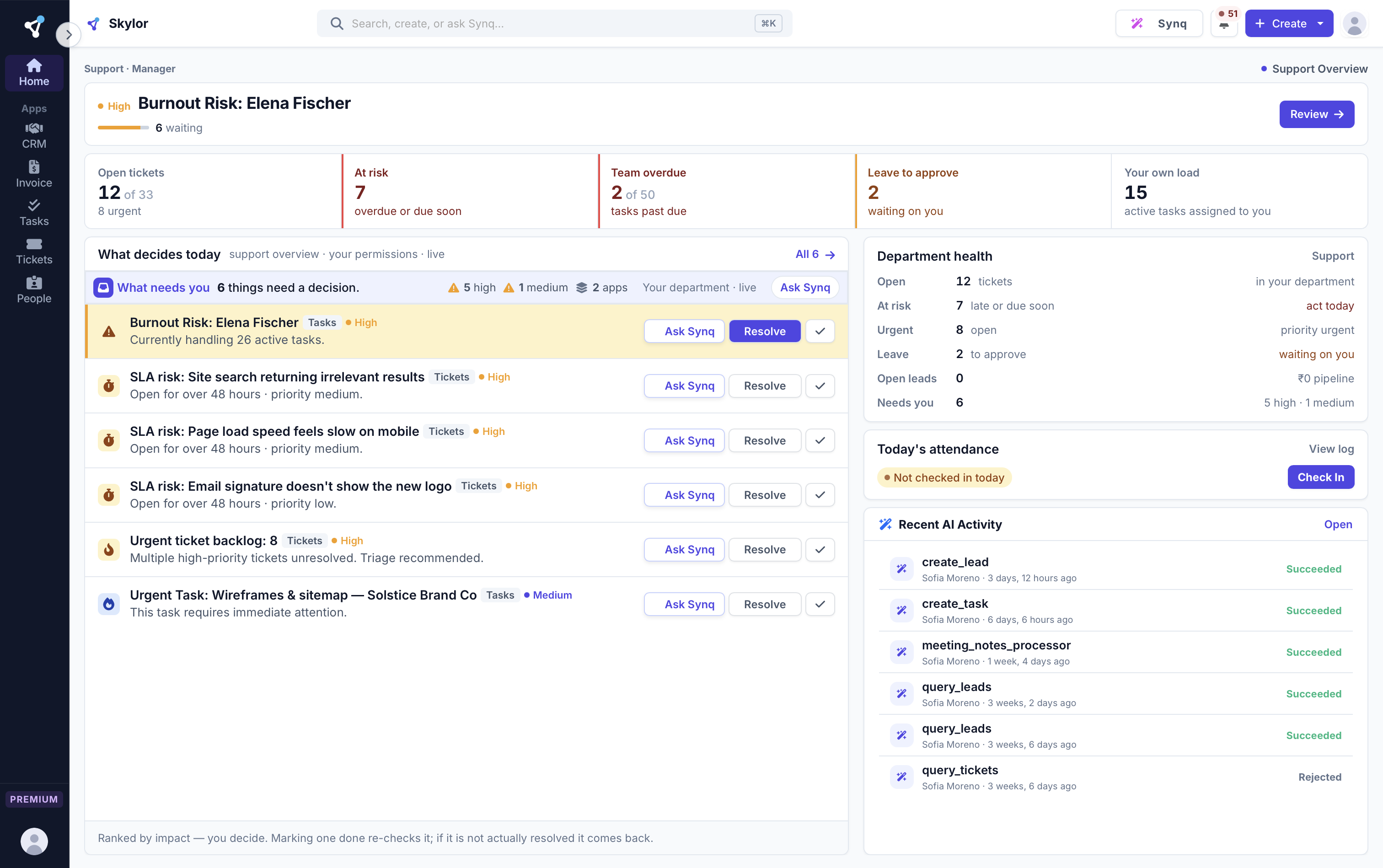 Skylor dashboard for a department manager — open tickets, SLA risk, team overdue tasks and leave waiting on them, on one screen