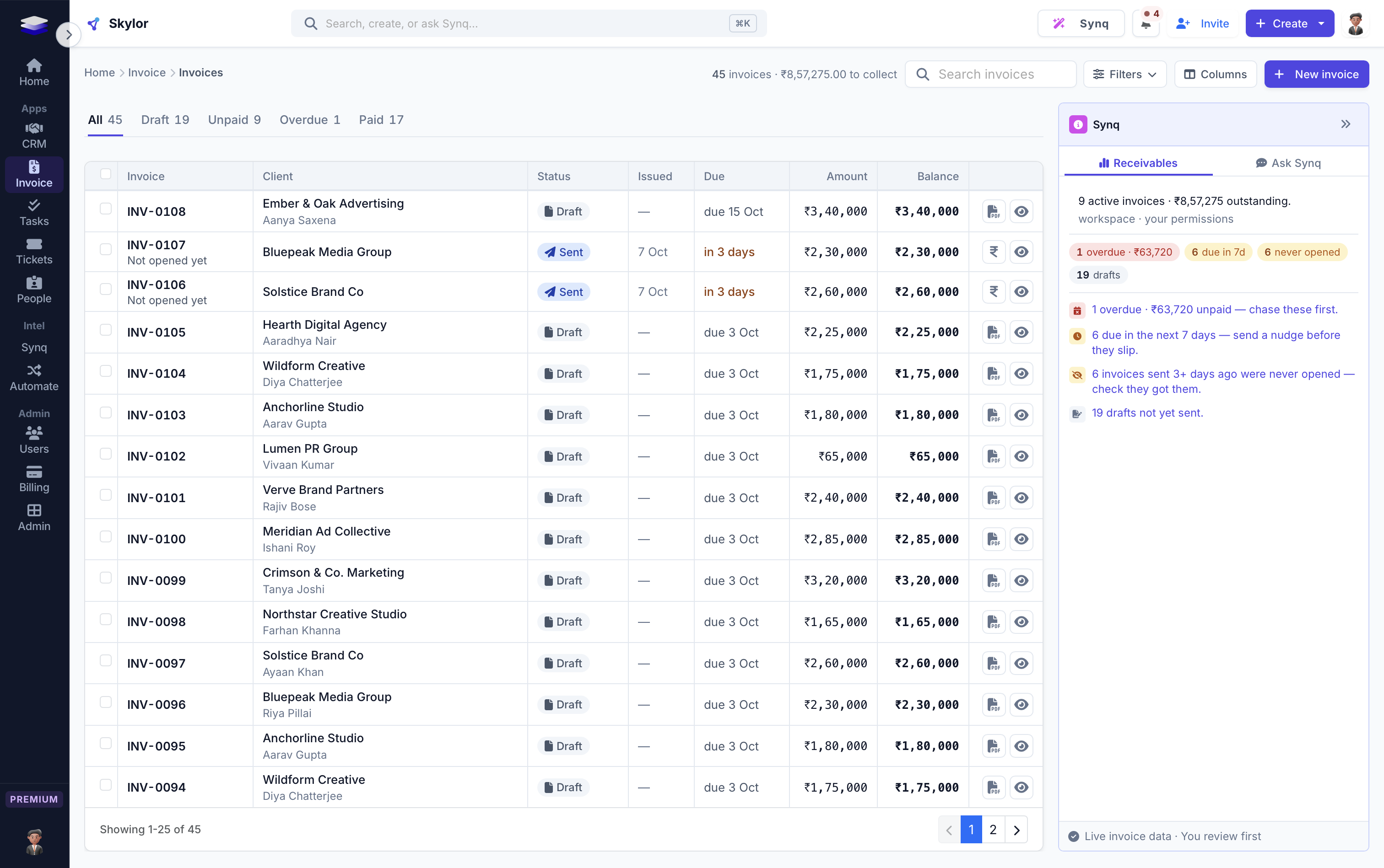 Skylor GST invoice list showing paid, overdue and draft invoices